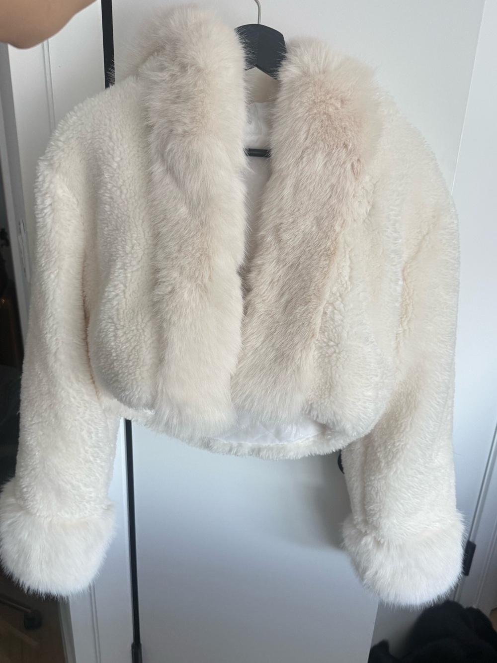 Plush White Faux Fur Hooded Jacket - Picture 7 of 8